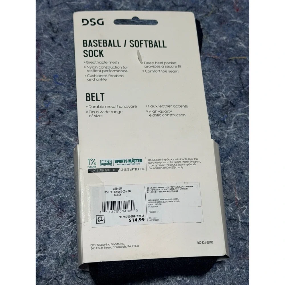 DSG Baseball Softball Sock and Belt Combo Pack - Medium Men/Women - Black‎ - New